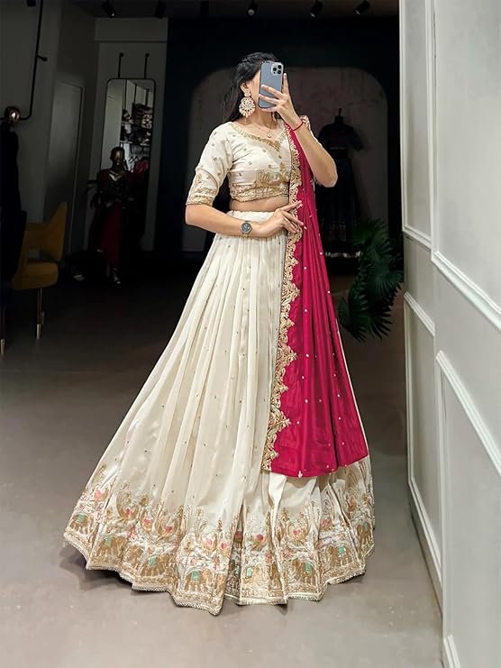 Chinnon Traditional Motiff Semi-Stitched Lehenga Choli With Dupatta Set