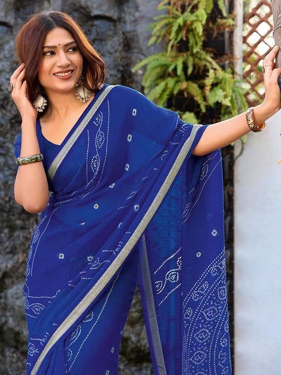 Chiffon Bandhani Print Zari Work Saree